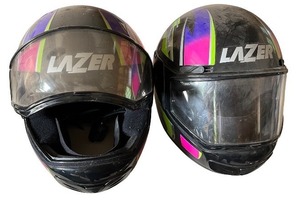 lot 152 image: Pair of LAZER Full Face Motorcycle Helmets Colorful Graphic Design