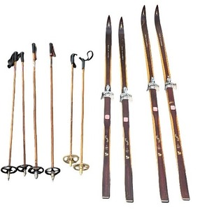 lot 156 image: Vintage Norwegian Cross-Country Skis and Wooden Poles Set