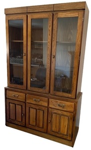 lot 16A image: Bassett Brand Wooden China Cabinet Hutch with Glass Doors and Storage Drawers
