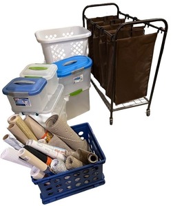 lot 188 image: Laundry Sorting Cart, Plastic Storage Bins, Hampers, and Assorted Shelf Liners