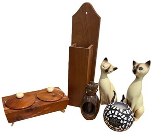 lot 190 image: Mid-Century Decor Collection Including Cat Figurines, Wooden Canister, and Wall Box
