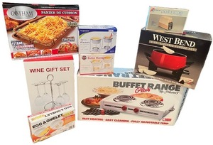 lot 196 image: Kitchen Appliance and Serveware Collection with Buffet Range, Wine Gift Set, and More