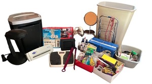 lot 207 image: Office and Home Supply Lot with Shredder, Supplies, and Storage Bins