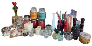 lot 223 image: Collection of Assorted Candles, Candle Holders, and Decorative Items