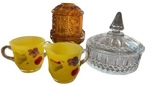 lot 228 image: Vintage Glassware Set with Hand Painted Cups, Crystal Dish, and Amber Jar