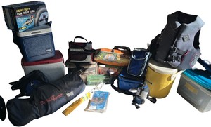 lot 248 image: Large Collection of Outdoor Gear and Coolers with Life Vest