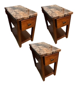 lot 252 image: Set of 3 Faux Marble Top Side Tables with Drawer and Shelf