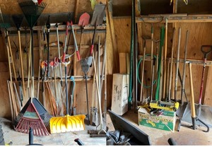 lot 259 image: Yard Tool Collection Rakes, Shovels, Snow Shovel, Pruners, and More