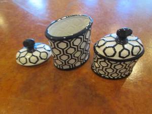 lot 5 image: Pair of ceramic textile lidded cani...