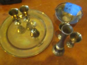lot 9 image: Solid brass vase, stemware, dish an...