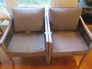 lot 89 image: Metal and wicker padded club style ...