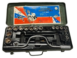 lot 35 image: Vintage Justen 25-piece SAE size 12 drive ratchet socket set