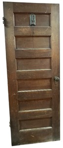 Antique 6-Panel Oak Interior Door with Original Door Knob, Hinges and Hardware.