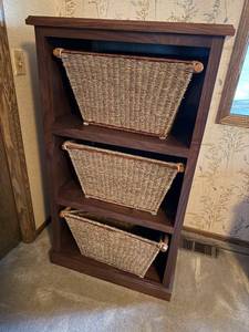 lot 101 image: Wood Storage Cabinet with 3 Woven Baskets 28x20x50