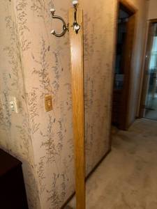 lot 106 image: Oak Wood Hall Tree Coat Rack with Metal Hooks, 5 ft 6 in Tall