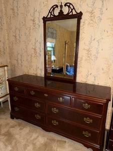 lot 110 image: Drexel 9-Drawer Dresser with Ornate Mirror, 65x18x30 Inches