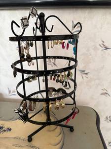 lot 130 image: Rotating Jewelry Stand with Assorted Earrings and Hoops Collection