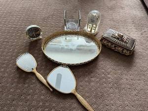 lot 134 image: Vintage Vanity Set with Mirror Tray, Clocks, Brush, and Decorative Box