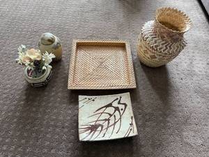 lot 135 image: Decorative Basket and Pottery Collection Including Woven Vessels, Painted Plate, and Faux Floral Arrangement