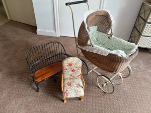 lot 137 image: Vintage Wicker Doll Pram with Miniature Settee and Floral Armchair