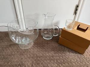lot 138 image: Etched Glass Punch Bowl Set with Pitcher, Ladle, and set of 12 cups