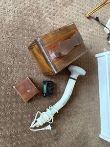 lot 139 image: Shoe Care Set with Wooden Shoe Shine Box, Panasonic Handheld Massager, Clock, and Grooming Kit