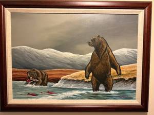 lot 272 image: Framed Wildlife Painting by R. Schiebel 2004 Grizzly Bears Fishing in River