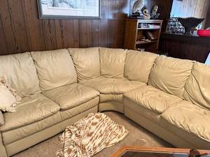 lot 276 image: Beige Leather Sectional Sofa with Wear on Armrest