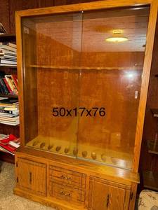 lot 293 image: Large Wooden Gun Display Case with Glass Front and Storage, 50x17x76 Inches