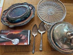 lot 374 image: Collection of Silver Plated Serving Pieces and Crystal Tray