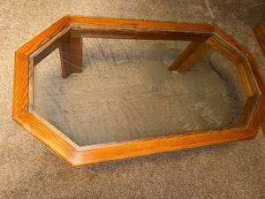 lot 385 image: Wood and Glass Octagonal Coffee Table with Etched Duck Image 36x22 Inches
