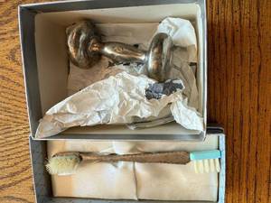 lot 22 image: Sterling Silver Baby Rattle and Brush Set J.B. HudsonLewis Wolf 47.1g