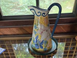 lot 65 image: Hand-Painted Ceramic Pitcher with Floral Design and Matching Plate, 12 Inch