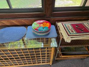 lot 68 image: Set of 8 Colorful Floral Melamine Plates and Southwestern Placemat Pair