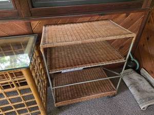 lot 76 image: Wicker and Metal 3-Tier Shelving Unit