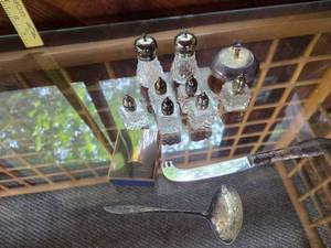 lot 82 image: Vintage Glass Salt and Pepper Set with Shakers, Condiment Dish, Knife, and Spoon