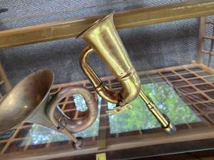 lot 88 image: Vintage Brass Bugle and Curved Horn Set