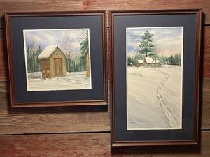 lot 44 image: Set of 2 Framed Mary Ostazeski Winter Landscape Watercolors (1998)