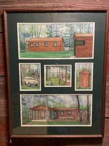 lot 46 image: Framed 1998 Mixed Media Artwork by Ostajeski - Peacocks Ponderosa Cabins & Vintage Scenes