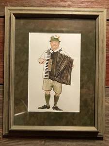 lot 48 image: Framed Watercolor Artwork of Accordion Player in Traditional Attire