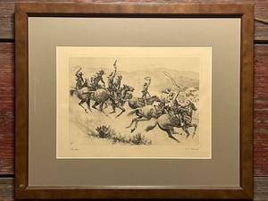 lot 49 image: Framed R.H. Palenske Etching Pay Day Cowboy Western Art