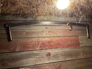 lot 50 image: Vintage Two-Man Crosscut Saw and Wooden Herb Chopper Set