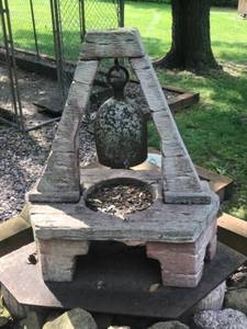 lot 182 image: Vintage Cast Iron Bell with Stone-Style Outdoor Stand