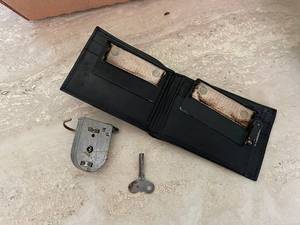 lot 199 image: Vintage Western Germany Lock with Key and Black Leather Wallet