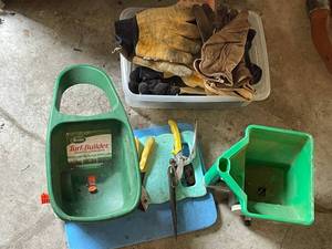 lot 203 image: Gardening Tool Lot with Turf Builder Spreaders, Pruners, and Gloves
