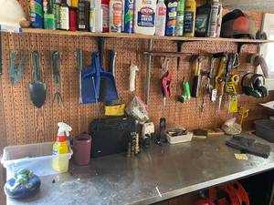 lot 206 image: Garage Tool and Hardware Lot with Hand Tools, Garden Tools, and Accessories