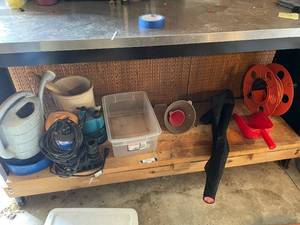 lot 207 image: Garage Garden Tool and Utility Lot with Watering Can, Extension Cord Reel, and More