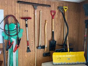 lot 211 image: Collection of Garden and Snow Tools with Jumper Cables and Animal Trap