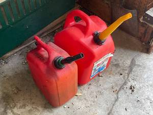 lot 213 image: Set of 2 Red Plastic Gasoline Containers with Spouts