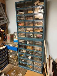 lot 228 image: Workshop Storage Cabinet and Hardware Drawer Lot with Mixed Fasteners and Parts